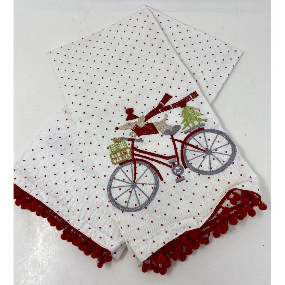 Set of 2 Christmas Holiday Dish Towels Dachshund Dog Riding Bike Embroidered